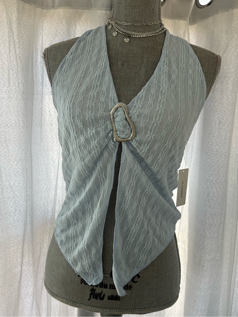 Light Blue Lace Halter Camisole with Decorative Buckle